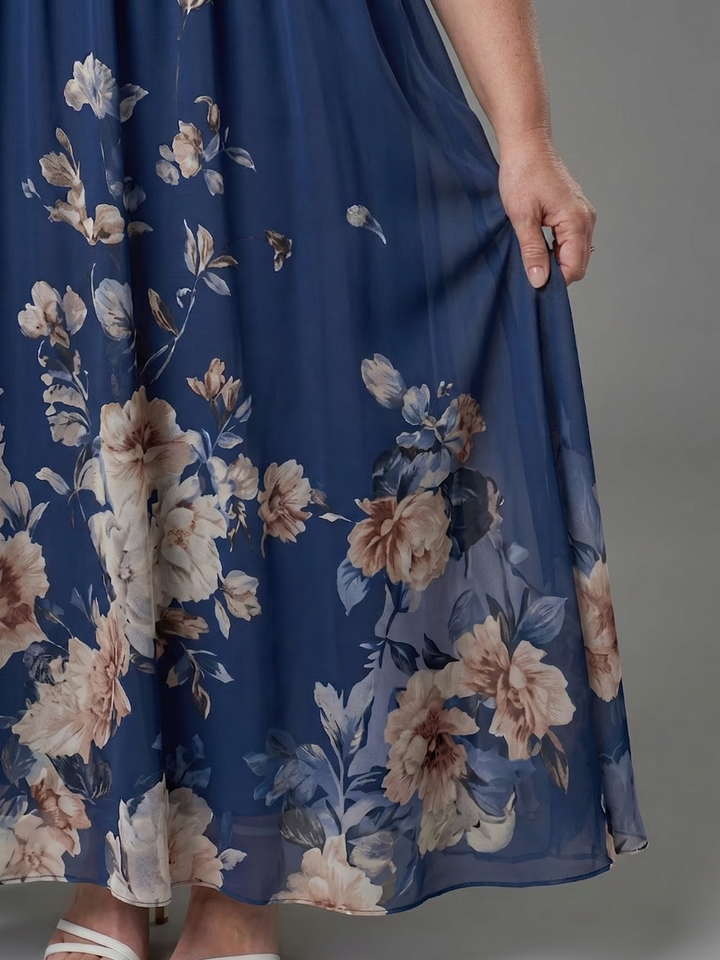 Wanda | Uten ermer V-hals myk blomsterkant midi-kjole