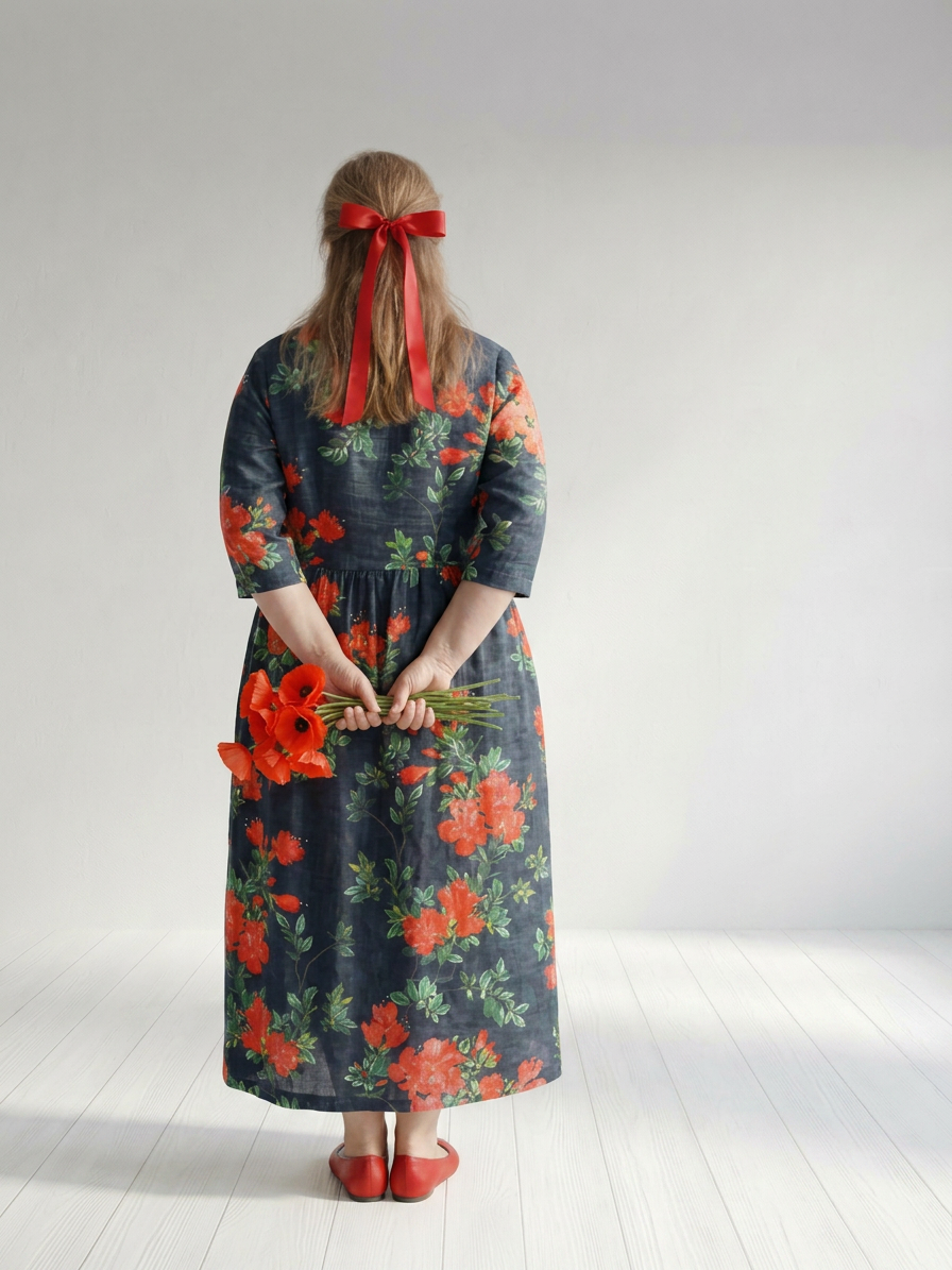 Hana | Rolig Drapert Blomster Midi Kjole