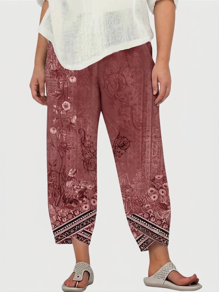 Olwen | Vintage Floral Capri Bukse Med Elastisk Midje