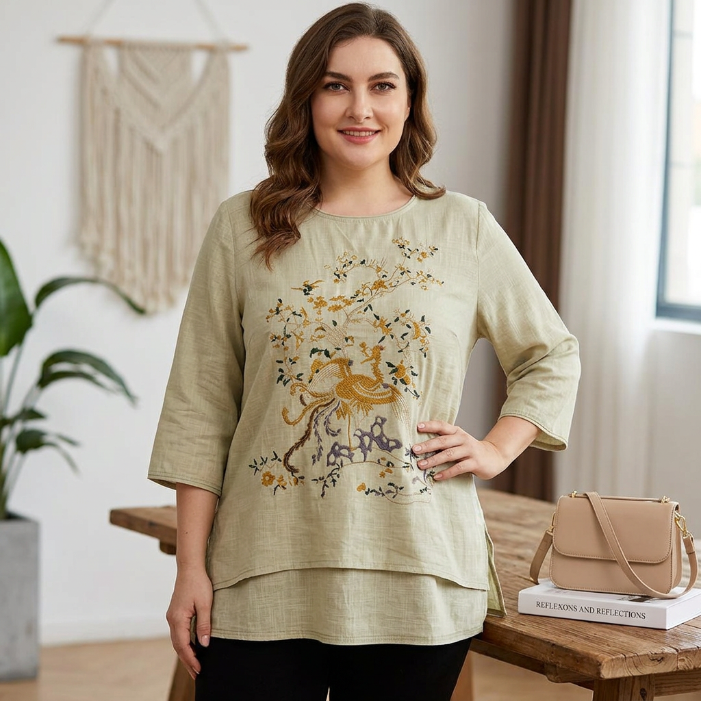 Anwen - Ren Bomull Brodert Komfortabel Topp