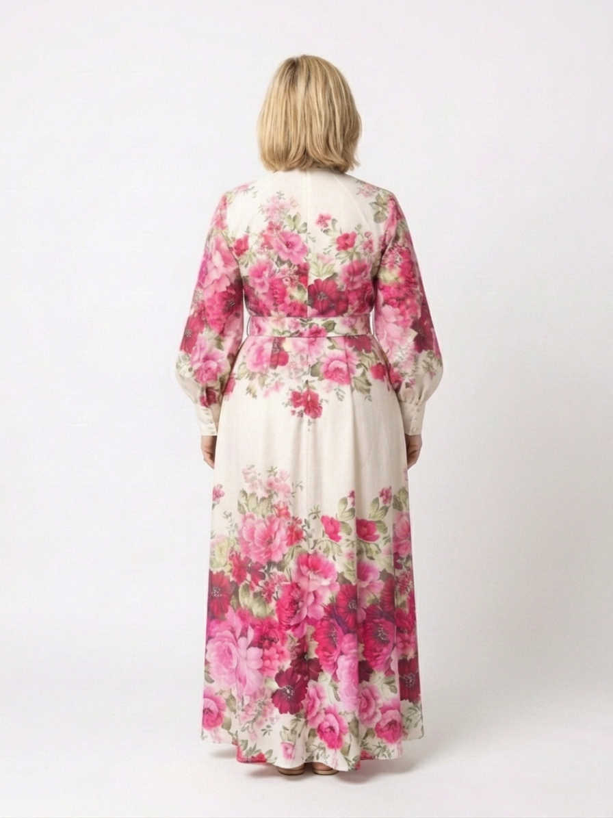 Dahlia | Langermet blomstret belted maxi-kjole