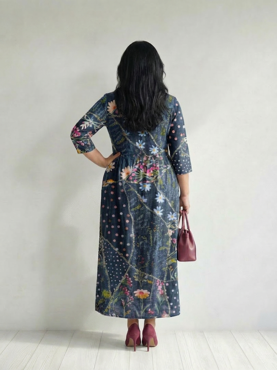 Thea | Enkel Samlet Blomster Midi Kjole