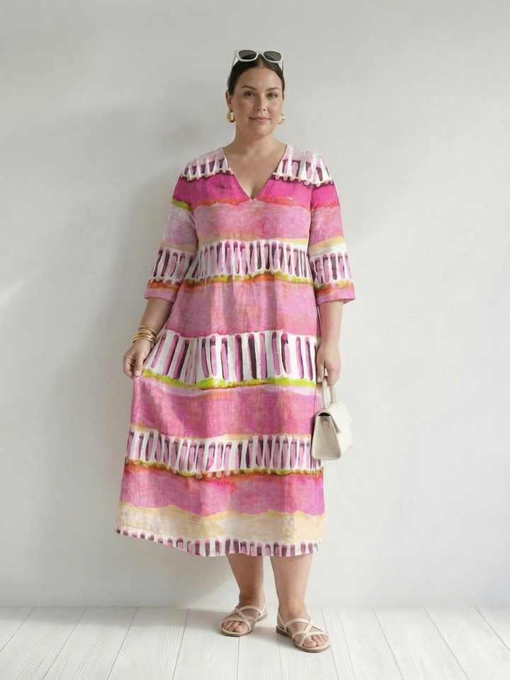 Kaia | Enkel Flow Mønstret Stripe Midi Kjole