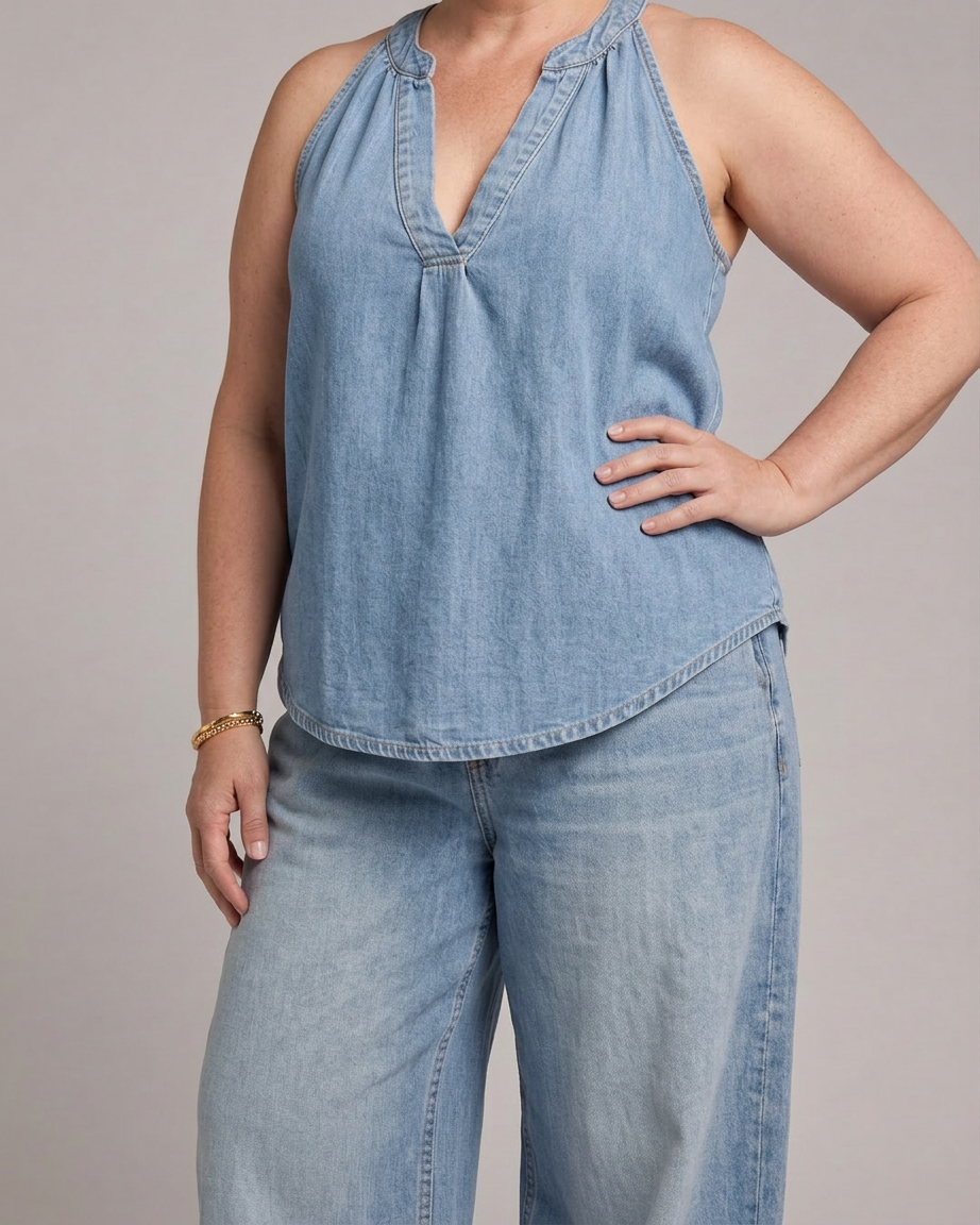 Opaline | Halterneck Denim Topp og Vide Bukser Sett