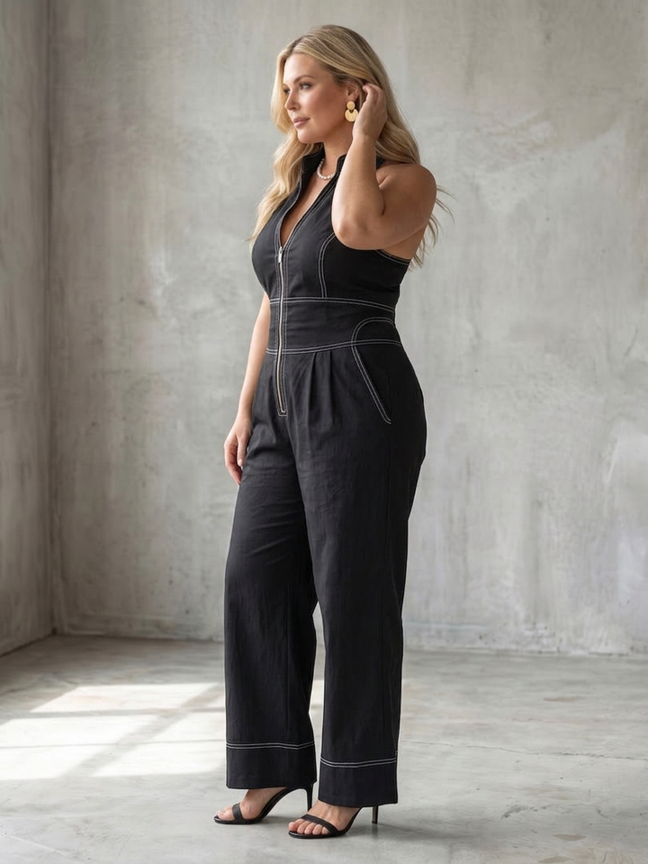 Nell | Zip Front Kontrast Søm Bred Ben Jumpsuit