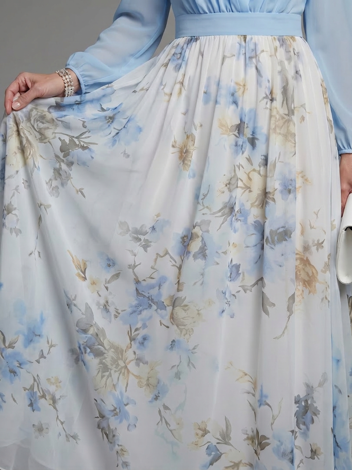 Nia | V-hals Gjennomsiktig Bodice Blomster Maxi Kjole
