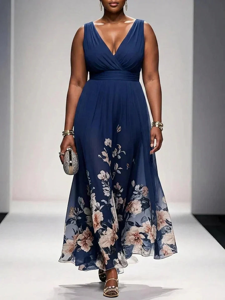 Salma | Lys Blå Blomstrete Chiffon V-Hals Maxi Kjole