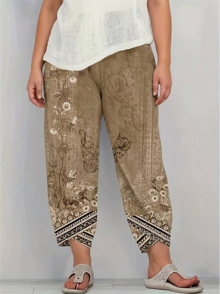Olwen | Vintage Floral Capri Bukse Med Elastisk Midje