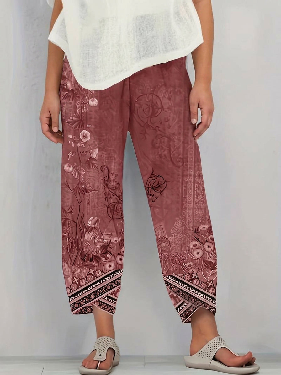 Olwen | Vintage Floral Capri Bukse Med Elastisk Midje