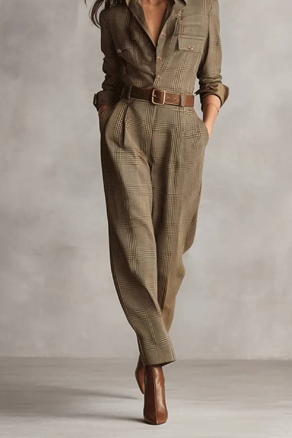 Ember - Brun Sofistikert Tweed Tekstur Rutete Nyttige Jumpsuit