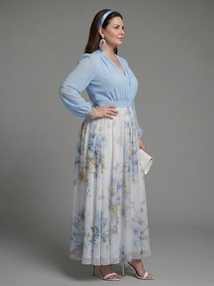 Nia | V-hals Gjennomsiktig Bodice Blomster Maxi Kjole