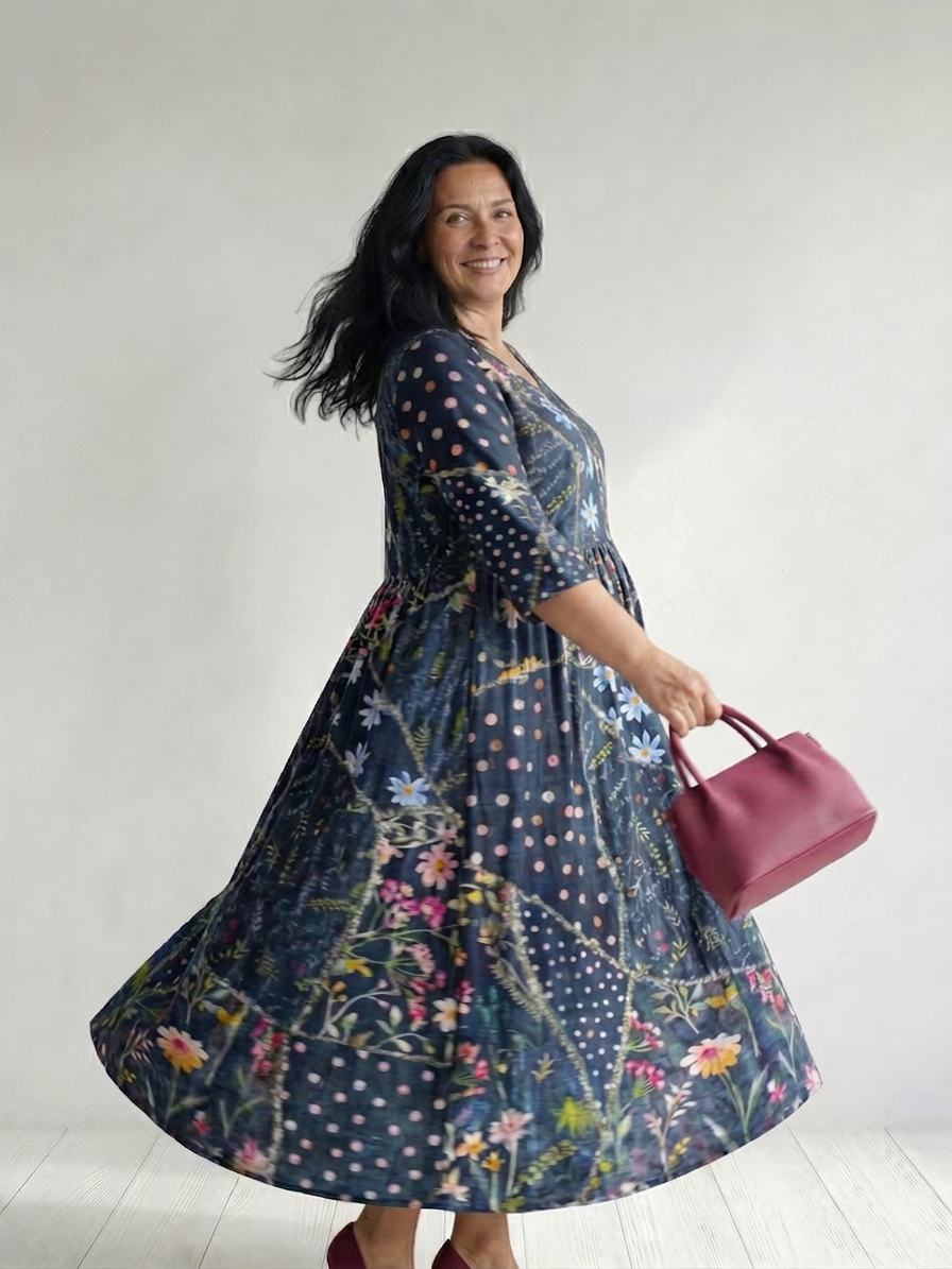 Thea | Enkel Samlet Blomster Midi Kjole