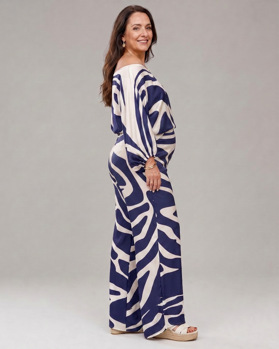 Calliope | Abstrakt Trykk Off Shoulder Topp Og Vide Bukser Sett