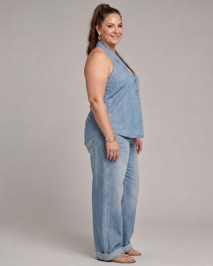 Opaline | Halterneck Denim Topp og Vide Bukser Sett