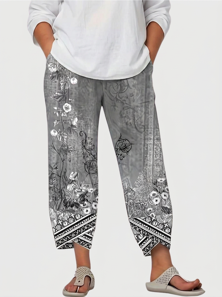 Olwen | Vintage Floral Capri Bukse Med Elastisk Midje