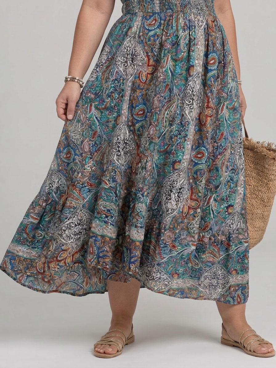 Nova | Ermeløs Paisley Print Midi Kjole