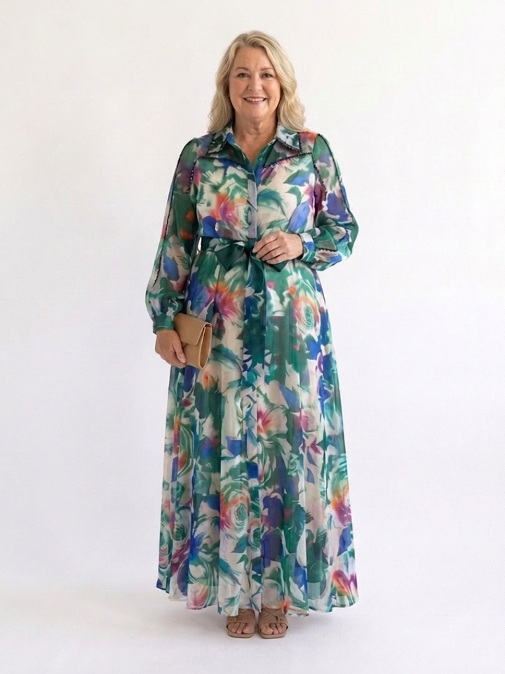 Aveline | Langermet trykket belted maxi-kjole
