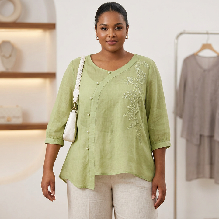 Clemence - Ren Bomull Brodert Elegant Topp
