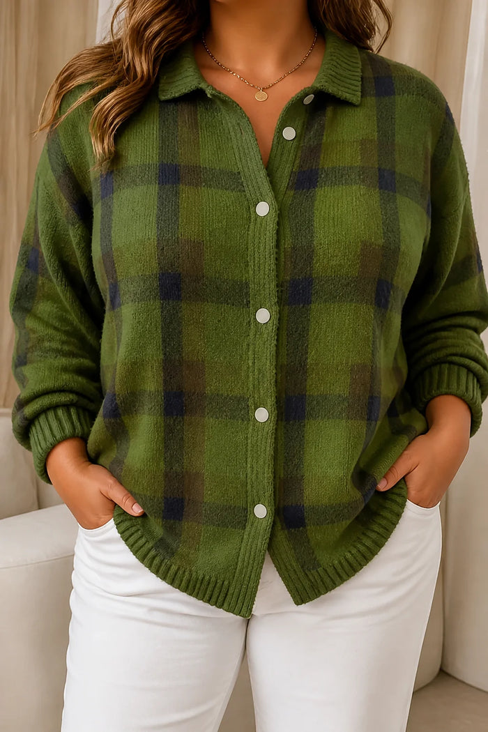 Dame Rutete Cardigan med Krage og Knappelukning