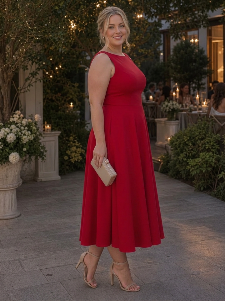 Isadora | Uten ermer Crew Neck Fitted Bodice Midi Kjole