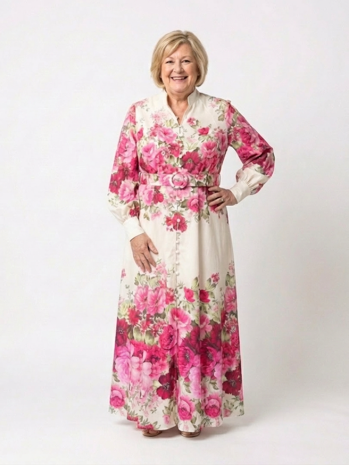 Dahlia | Langermet blomstret belted maxi-kjole