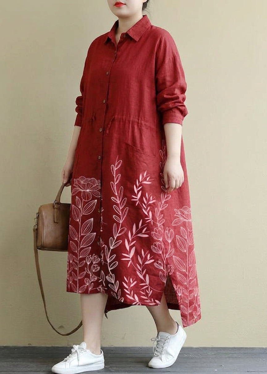 Isolde - Rød Lin Skjortekjole Casual Oversize Vår Maxi Kjoler