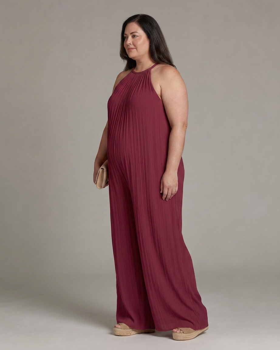 Wanda | Plisserte Halterneck Bred Ben Avslappet Jumpsuit