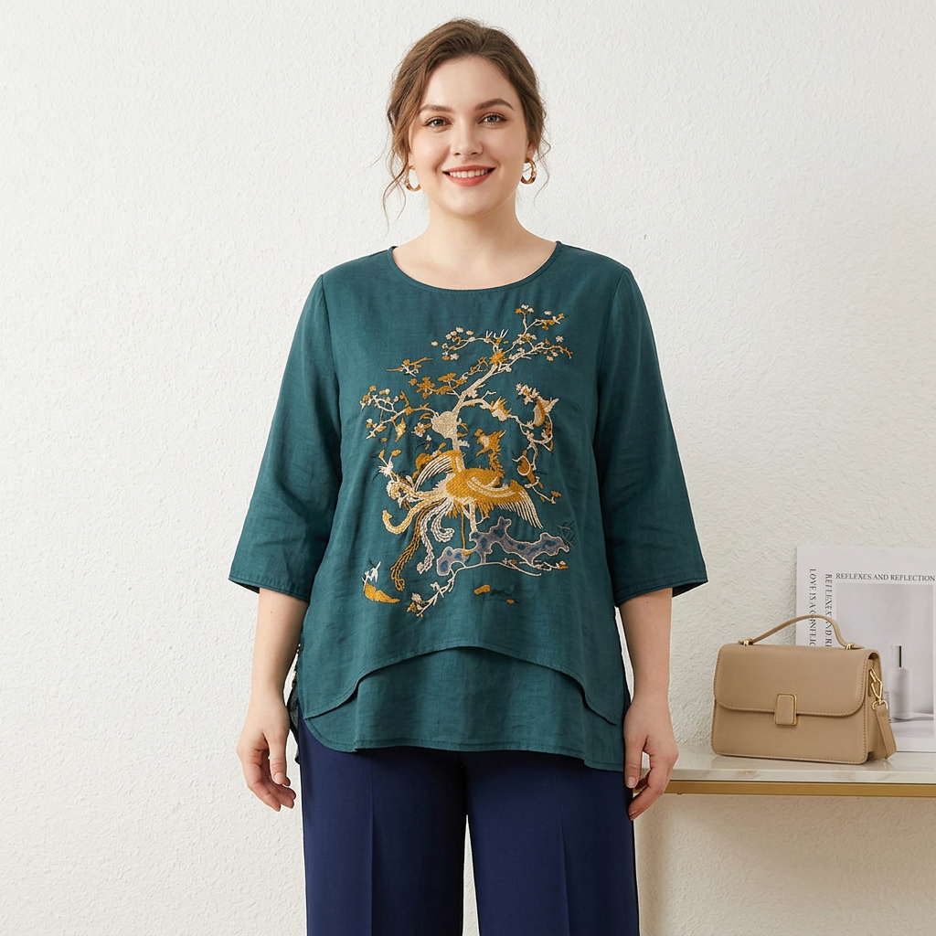 Anwen - Ren Bomull Brodert Komfortabel Topp