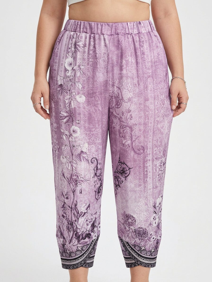 Olwen | Vintage Floral Capri Bukse Med Elastisk Midje