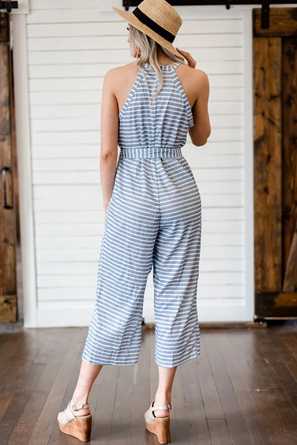 Olwen - Fin Stripete Jumpsuit med Knyting i Midjen