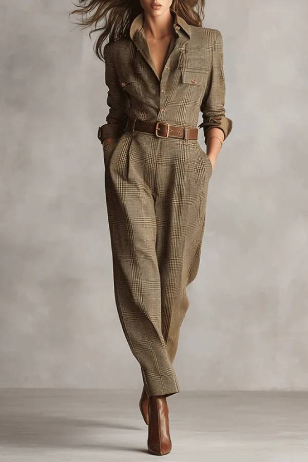 Ember - Brun Sofistikert Tweed Tekstur Rutete Nyttige Jumpsuit
