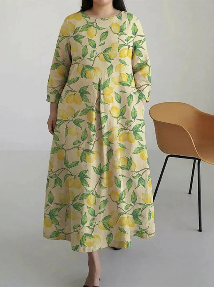 Wynne | Casual Sitron Tre Print Langermet Midi Kjole