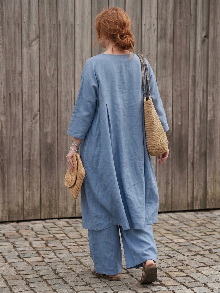 Juna | Løs Tunika Topp Bred Beina Bukse Sett