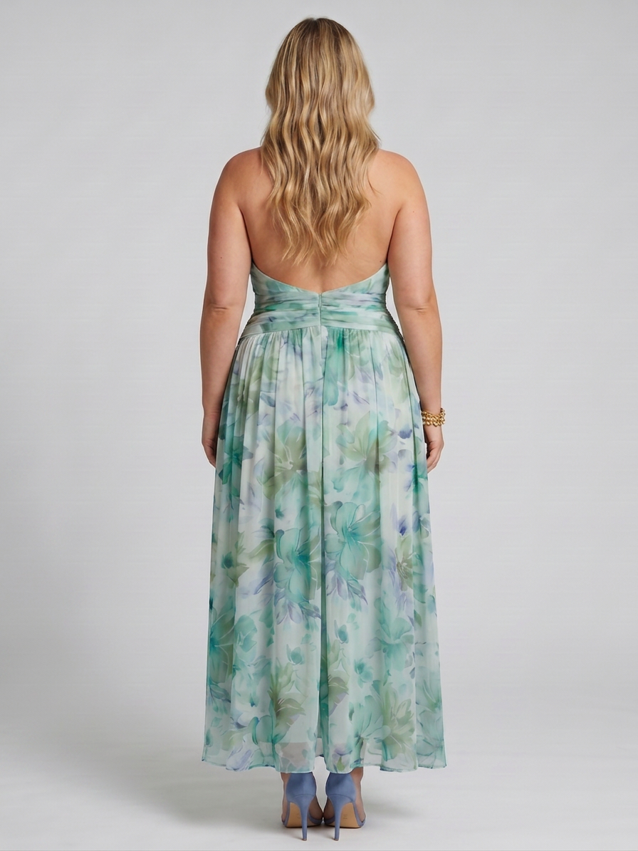 Safran | Plisserte Halterneck Myk Blomster Mønster Midi Kjole