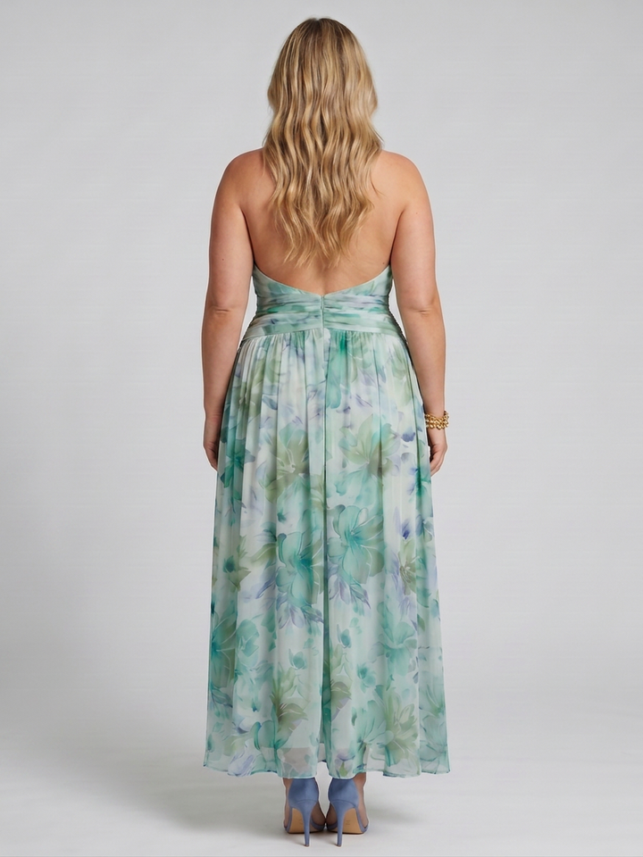 Safran | Plisserte Halterneck Myk Blomster Mønster Midi Kjole