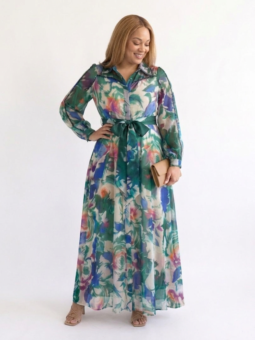 Aveline | Langermet trykket belted maxi-kjole