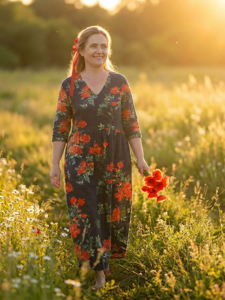 Hana | Rolig Drapert Blomster Midi Kjole