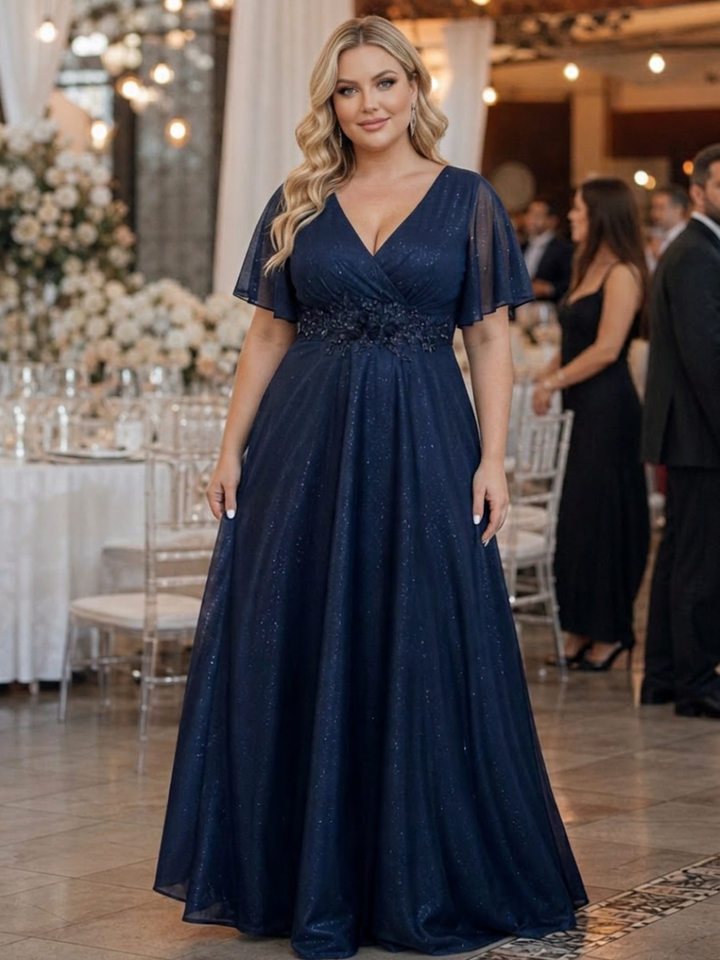Rhea | Korte Ermer V-Hals Flytende Maxi Kjole