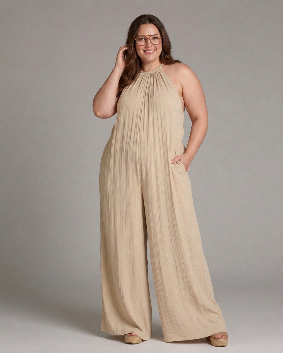 Wanda | Plisserte Halterneck Bred Ben Avslappet Jumpsuit