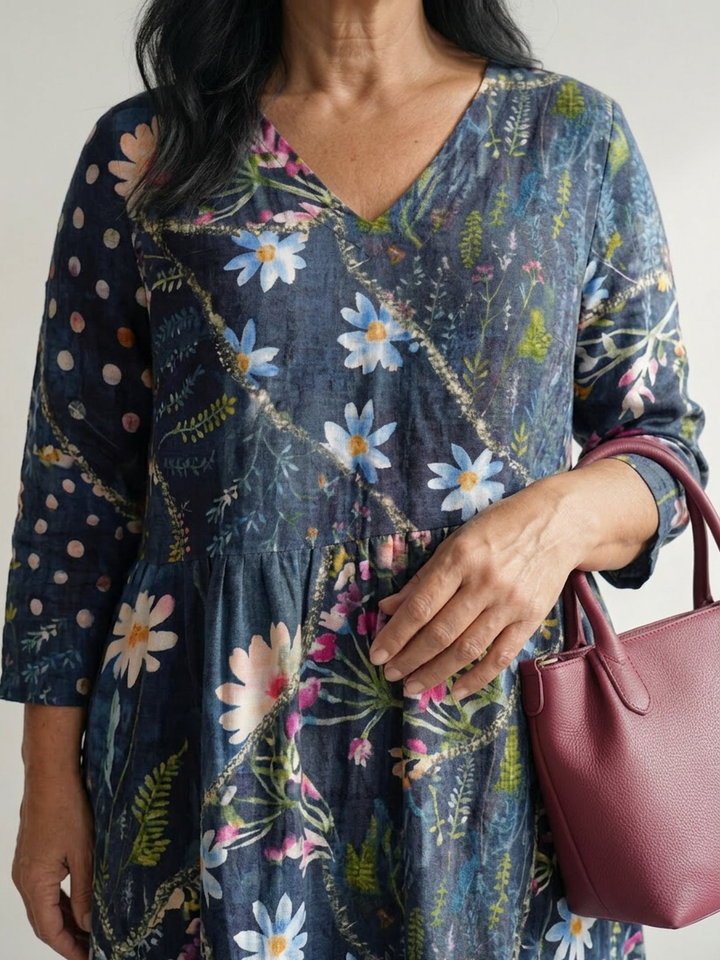 Thea | Enkel Samlet Blomster Midi Kjole