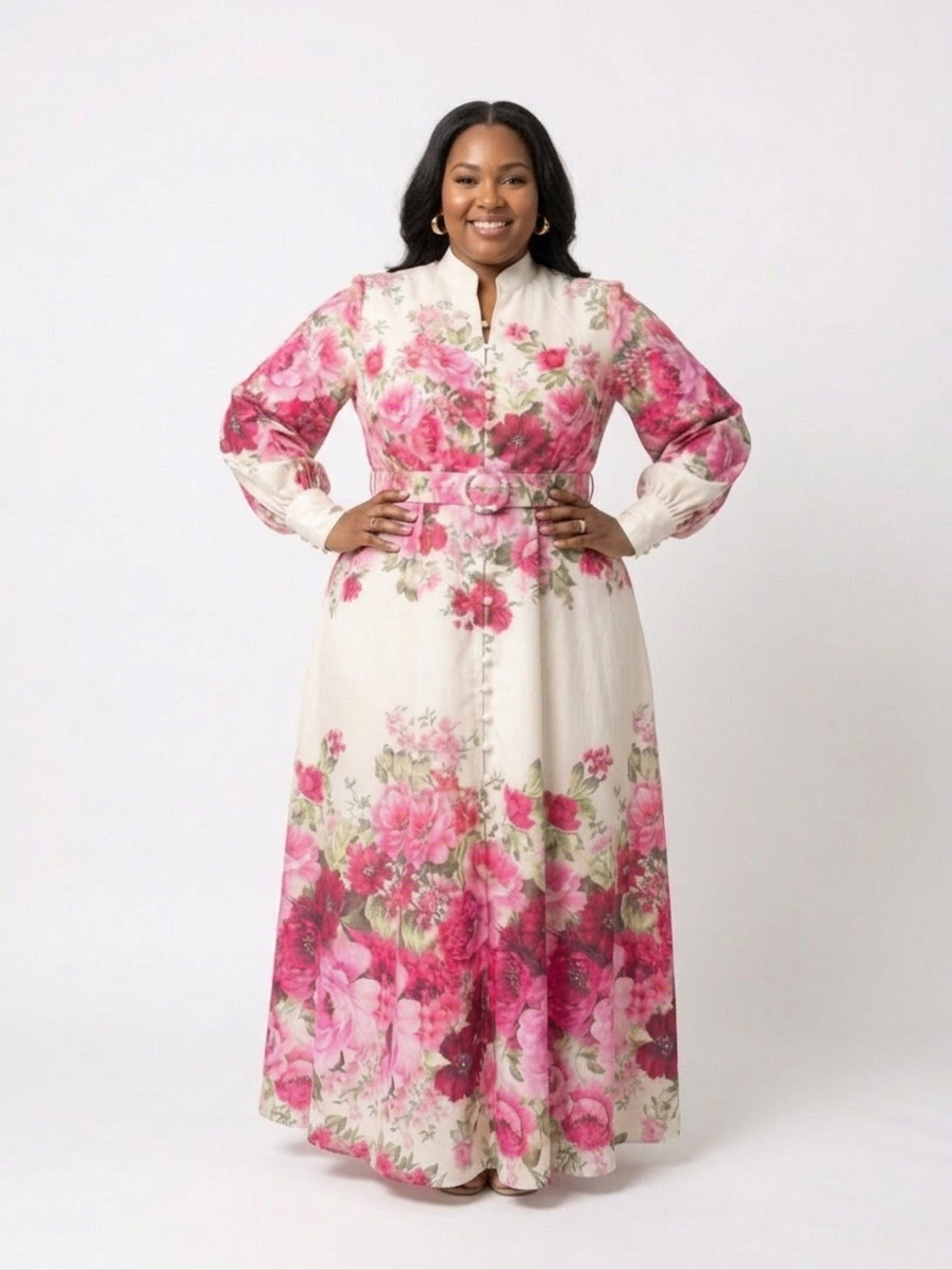 Dahlia | Langermet blomstret belted maxi-kjole
