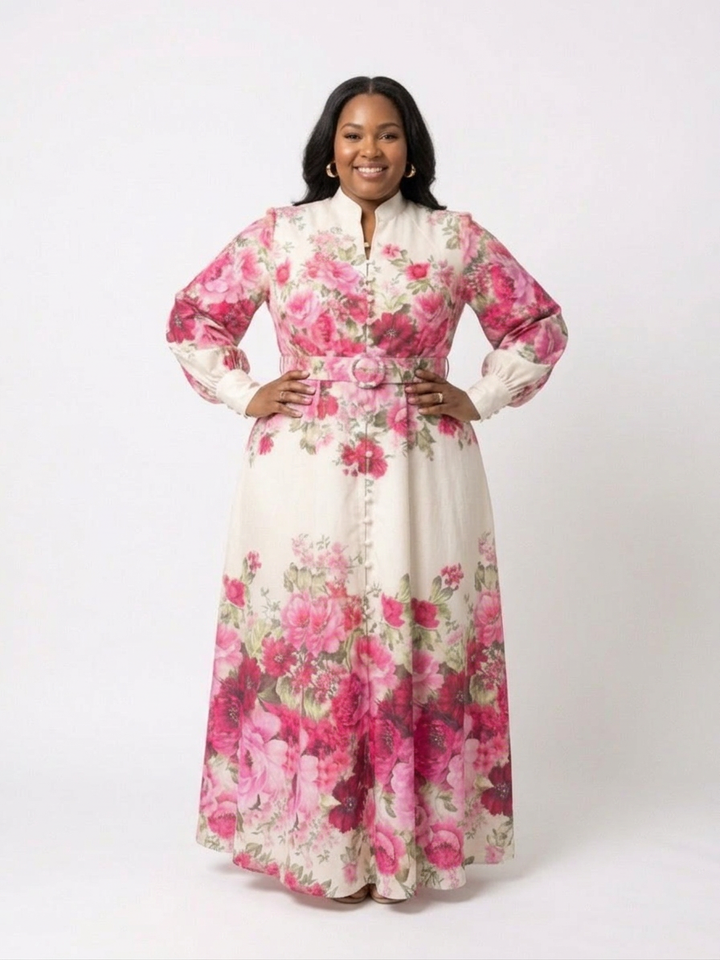 Dahlia | Langermet blomstret belted maxi-kjole