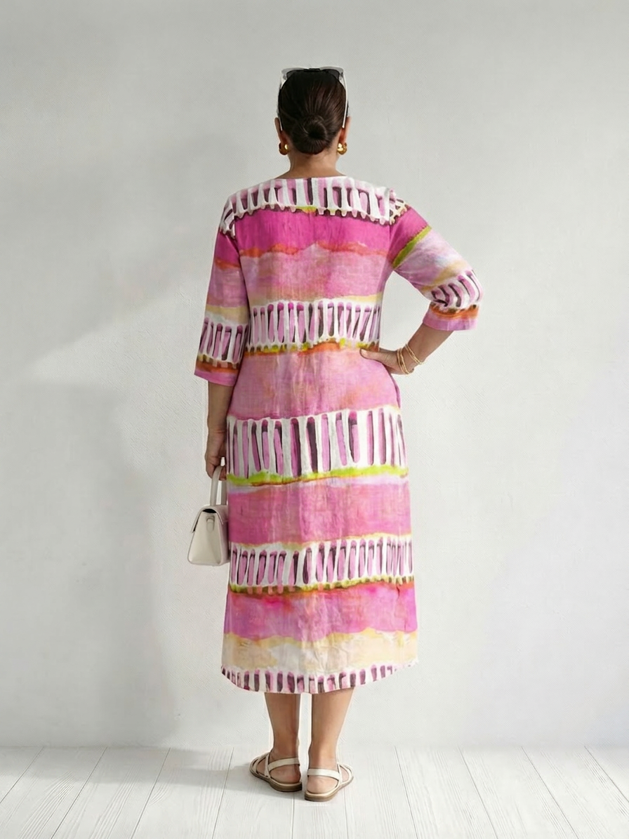 Kaia | Enkel Flow Mønstret Stripe Midi Kjole