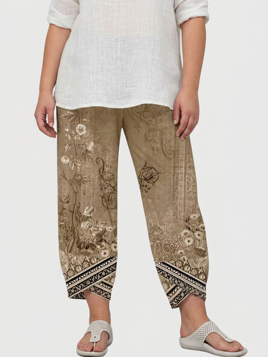 Olwen | Vintage Floral Capri Bukse Med Elastisk Midje