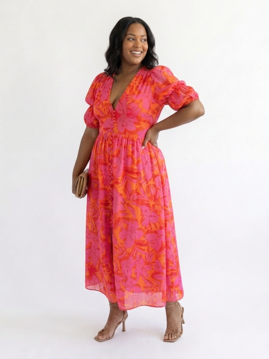 Beatrice | Blomstrete V-hals Midi Kjole med Pufferm