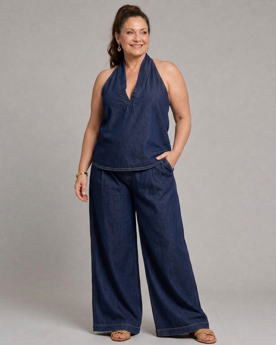 Opaline | Halterneck Denim Topp og Vide Bukser Sett