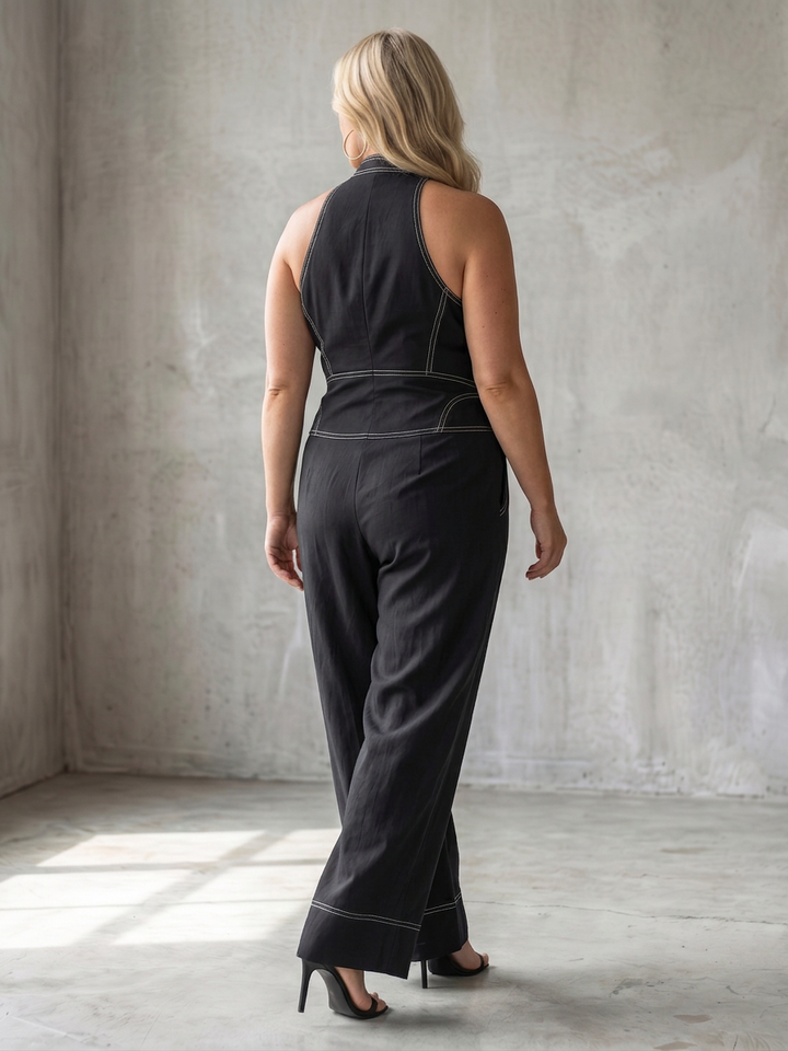 Nell | Zip Front Kontrast Søm Bred Ben Jumpsuit