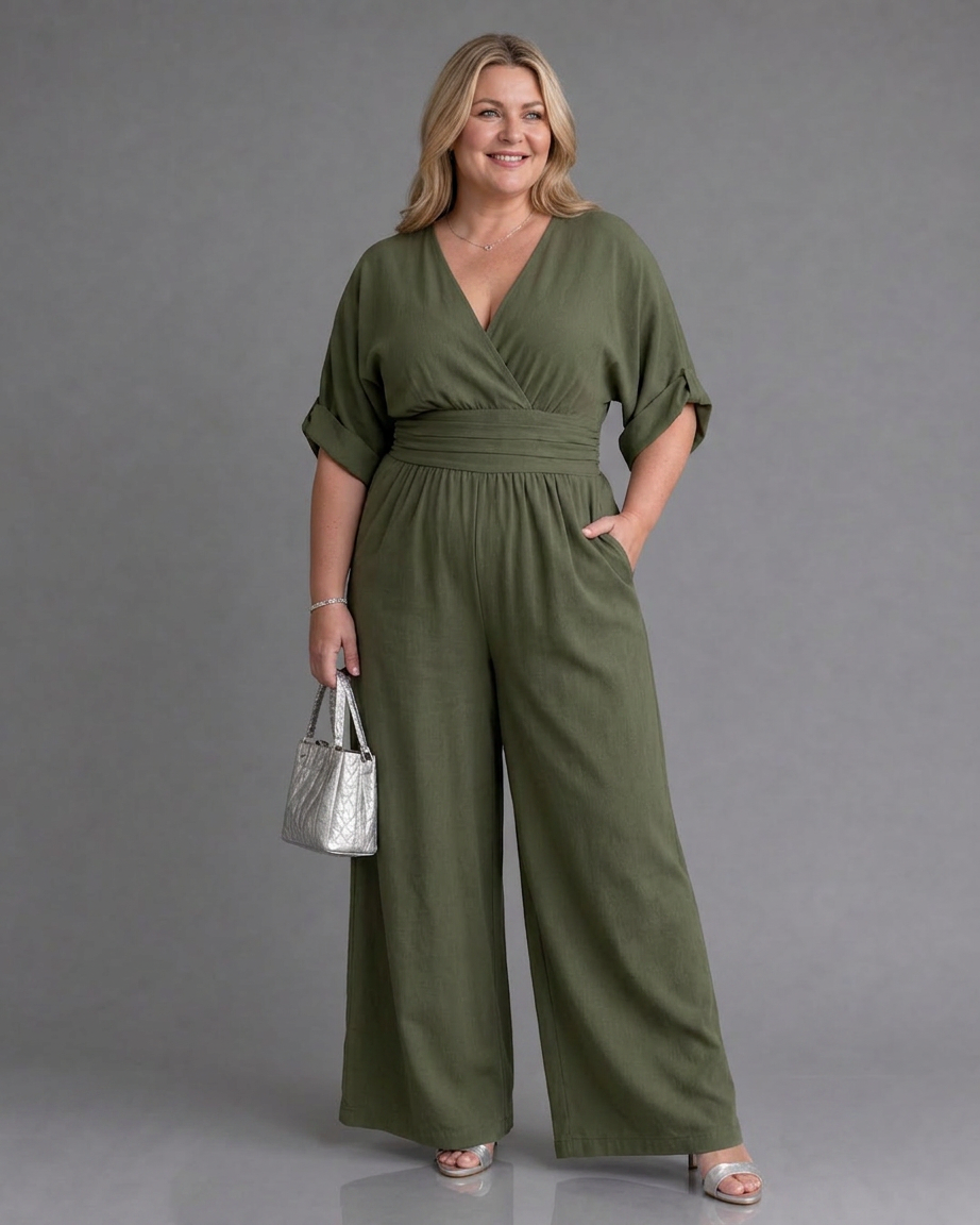 Ottilie | Drapert V-hals Bred Beina Avslappet Jumpsuit