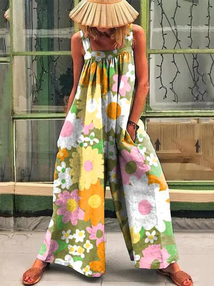 Saskia - Løs Multicolor Solfylt Blomstertrykk Jumpsuit