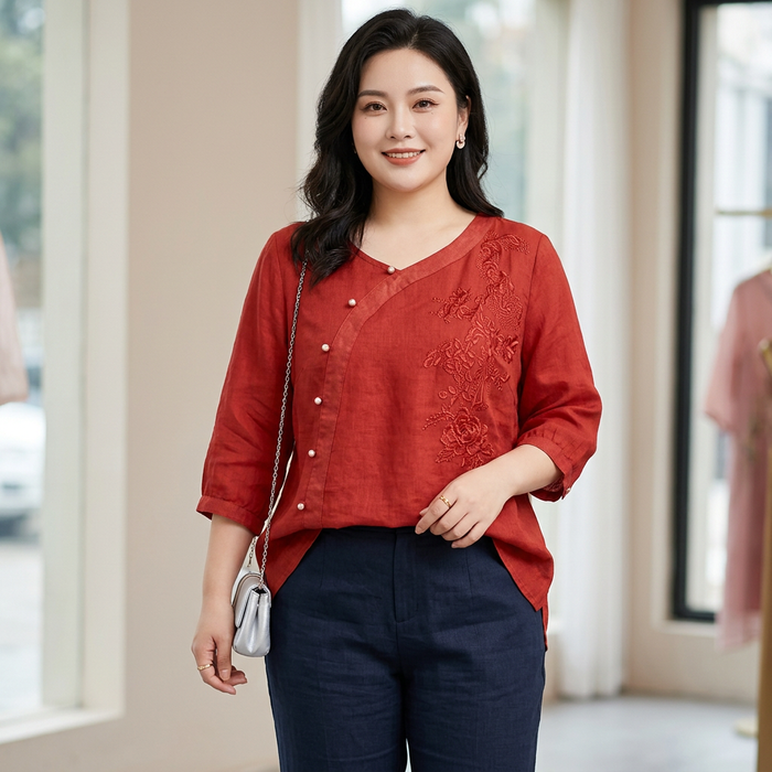 Clemence - Ren Bomull Brodert Elegant Topp